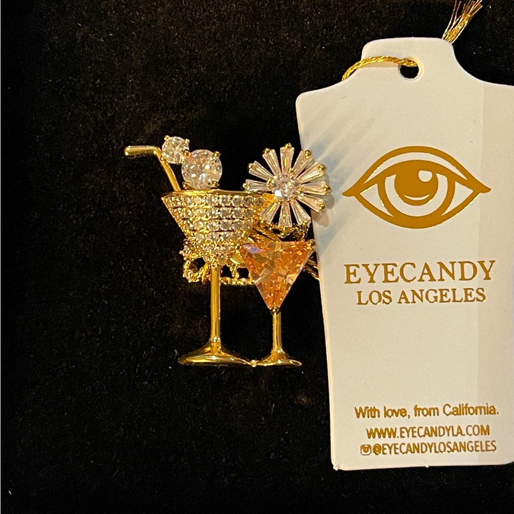 EYE CANDY Gold Tone Martini Glass Adjustable CZ Ring